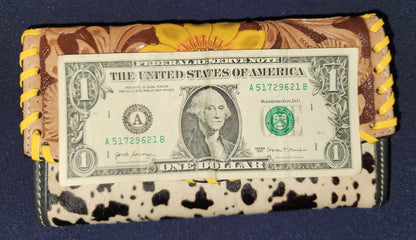 Yellow Sunflower Tooled Leather and Cowhide Wallet