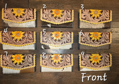 Yellow Sunflower Tooled Leather and Cowhide Wallet