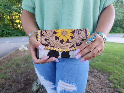 Yellow Sunflower Tooled Leather and Cowhide Wallet