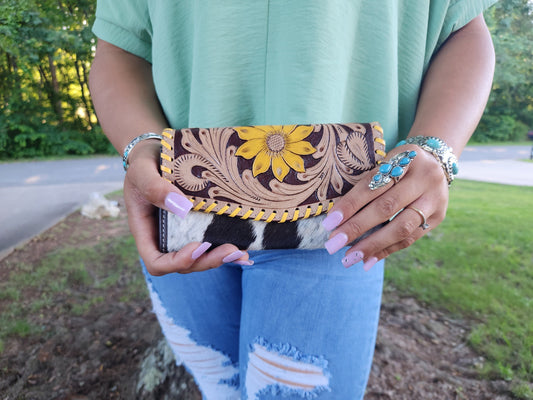 Yellow Sunflower Tooled Leather and Cowhide Wallet